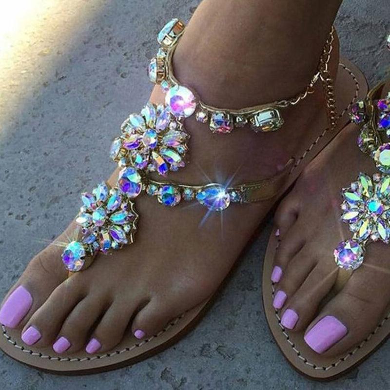 Women’s Pearl T-Strap Flat Sandals for Summer Resort Wear