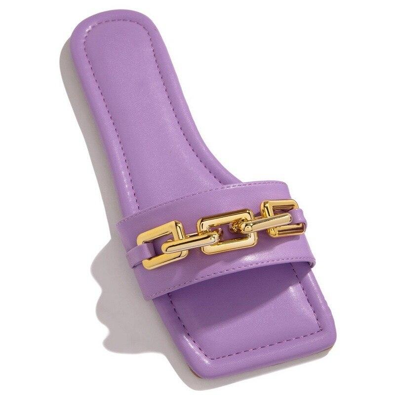 Women Gold Chain Square Toe Block Heel Mules Dress Sandals