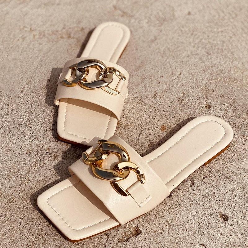 Women Gold Chain Square Toe Block Heel Mules Dress Sandals