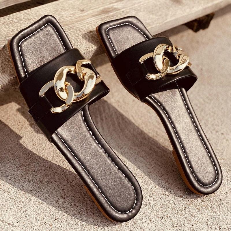 Women Gold Chain Square Toe Block Heel Mules Dress Sandals
