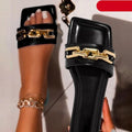 Women Gold Chain Square Toe Block Heel Mules Dress Sandals