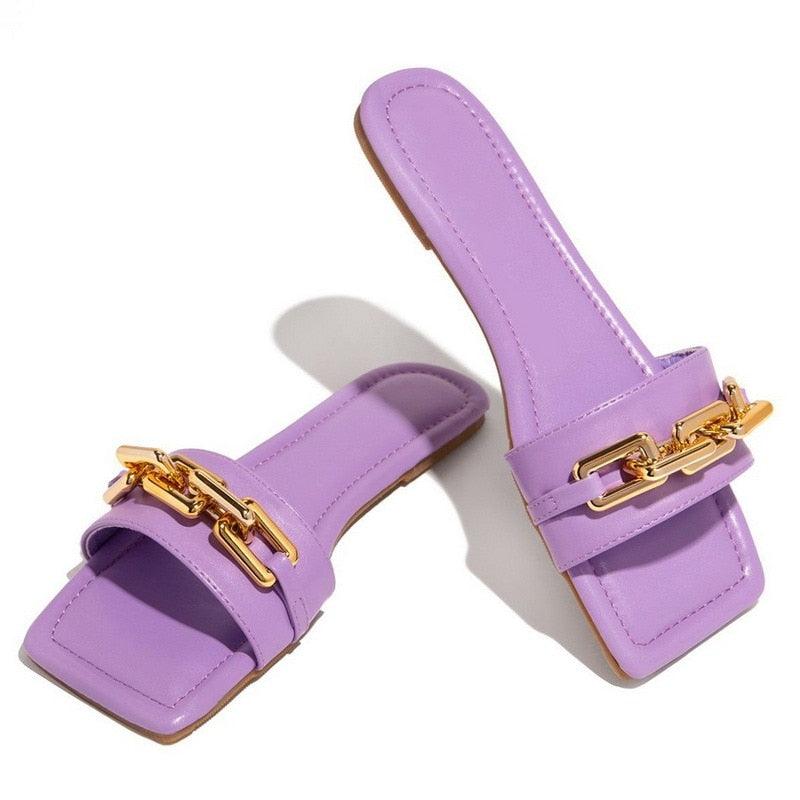 Women Gold Chain Square Toe Block Heel Mules Dress Sandals