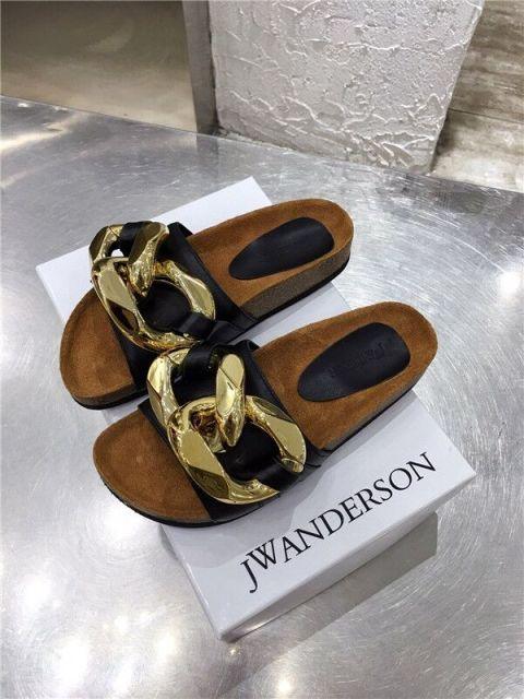 Women’s Leather Flat Slide Sandals with Metal Chain Detail