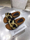 Women’s Leather Flat Slide Sandals with Metal Chain Detail
