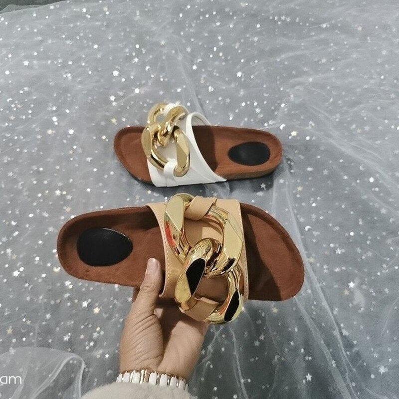 Women’s Leather Flat Slide Sandals with Metal Chain Detail