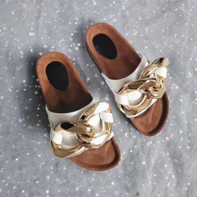 Women’s Leather Flat Slide Sandals with Metal Chain Detail