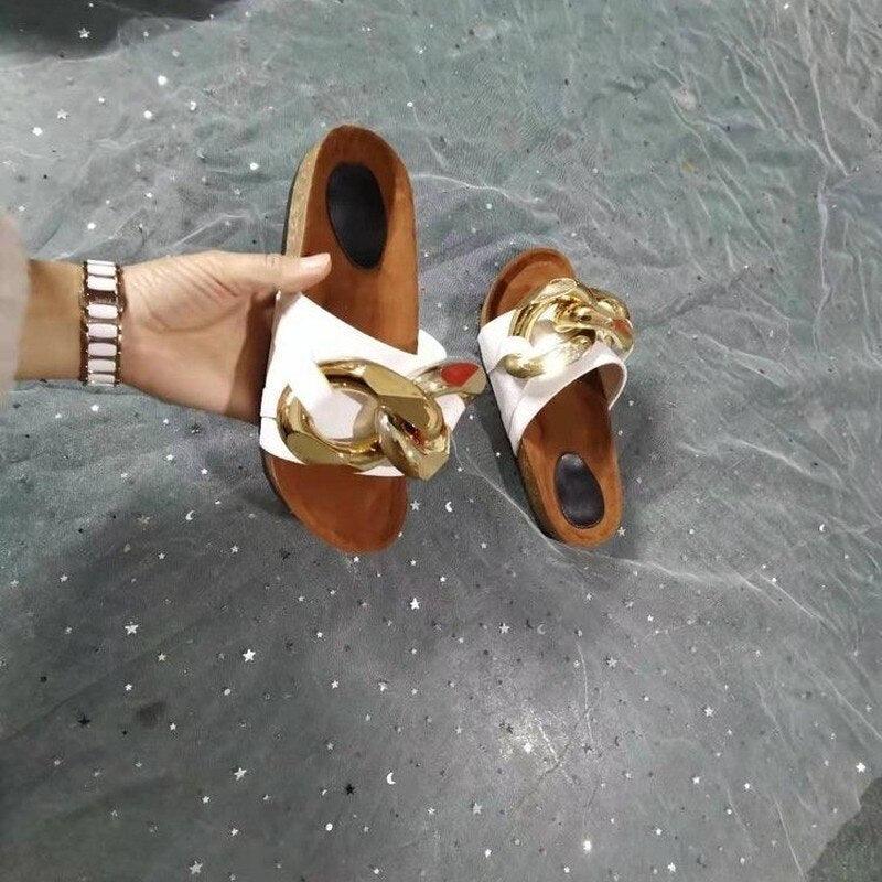 Women’s Leather Flat Slide Sandals with Metal Chain Detail