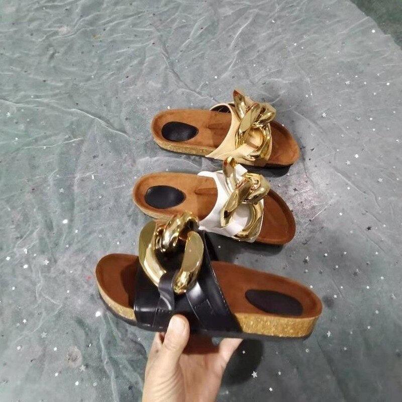 Women’s Leather Flat Slide Sandals with Metal Chain Detail