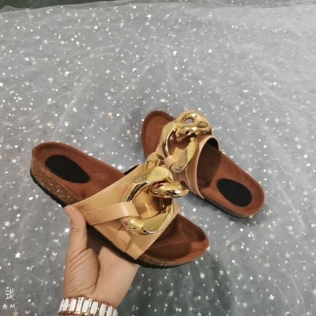 Women’s Leather Flat Slide Sandals with Metal Chain Detail