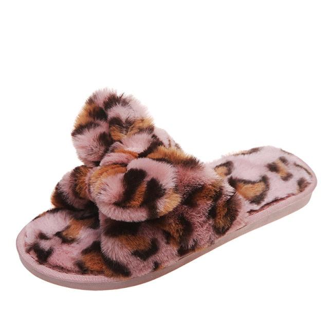 Leopard Print Faux Fur Flip Flop Slippers with Bow Decoration
