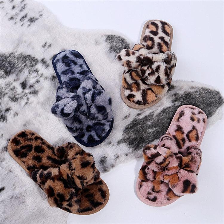 Leopard Print Faux Fur Flip Flop Slippers with Bow Decoration