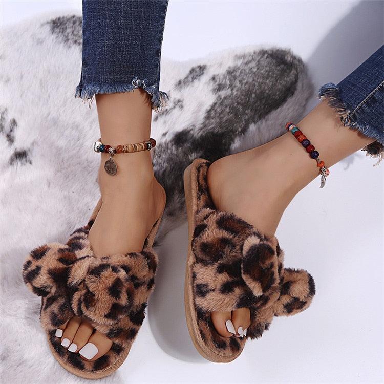 Leopard Print Faux Fur Flip Flop Slippers with Bow Decoration