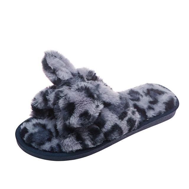 Leopard Print Faux Fur Flip Flop Slippers with Bow Decoration