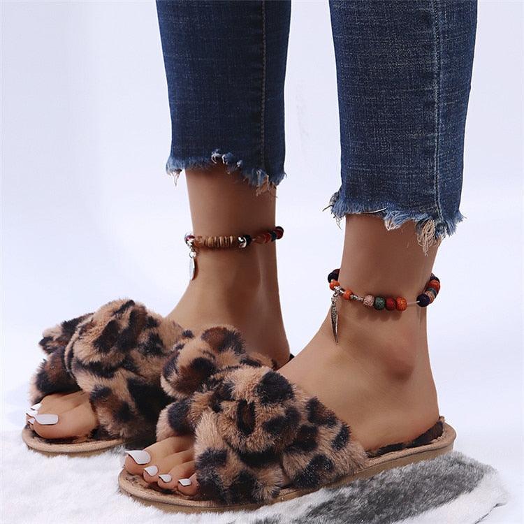 Leopard Print Faux Fur Flip Flop Slippers with Bow Decoration