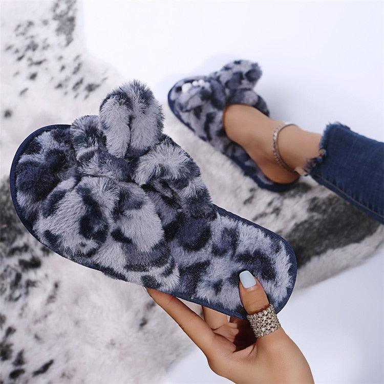 Leopard Print Faux Fur Flip Flop Slippers with Bow Decoration