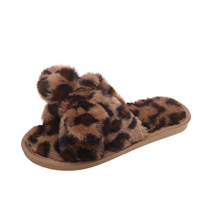 Leopard Print Faux Fur Flip Flop Slippers with Bow Decoration
