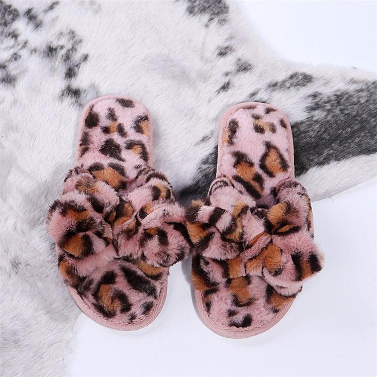 Leopard Print Faux Fur Flip Flop Slippers with Bow Decoration