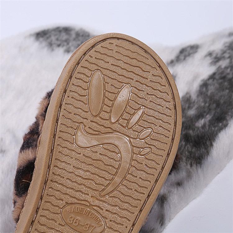 Leopard Print Faux Fur Flip Flop Slippers with Bow Decoration