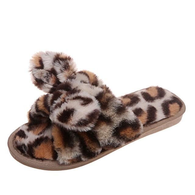 Leopard Print Faux Fur Flip Flop Slippers with Bow Decoration