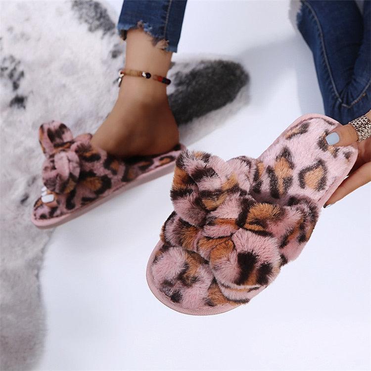 Leopard Print Faux Fur Flip Flop Slippers with Bow Decoration