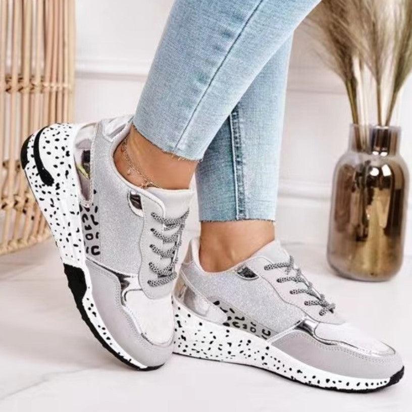 Trendy leopard print lace-up platform sneakers for women with vulcanized soles