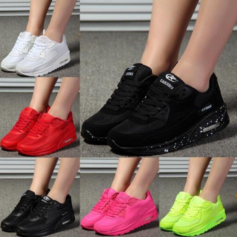 Women's breathable mesh platform sneakers in green, black, and pink with air-cushion sole.