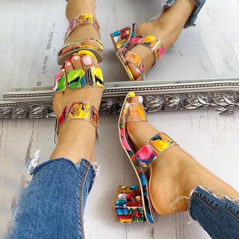 Women’s Square Toe Block Heel Sandals Clear Multi-Color Slides