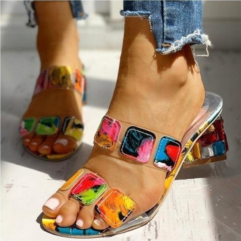 Women’s Square Toe Block Heel Sandals Clear Multi-Color Slides