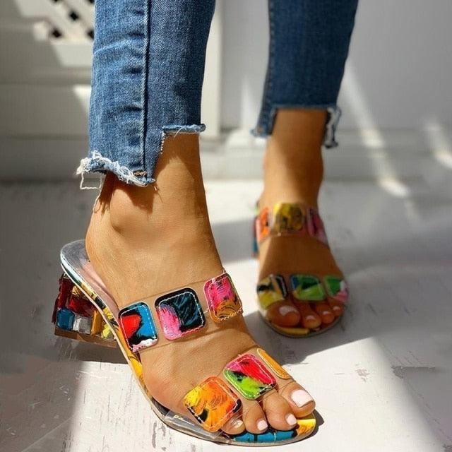 Women’s Square Toe Block Heel Sandals Clear Multi-Color Slides
