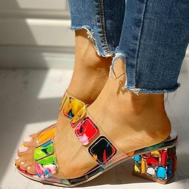 Women’s Square Toe Block Heel Sandals Clear Multi-Color Slides