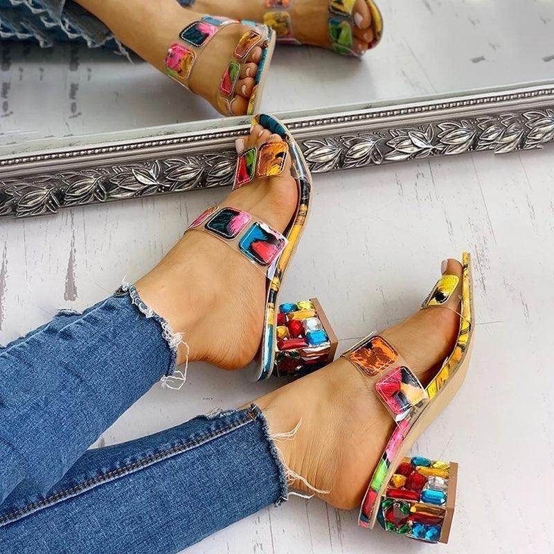 Women’s Square Toe Block Heel Sandals Clear Multi-Color Slides