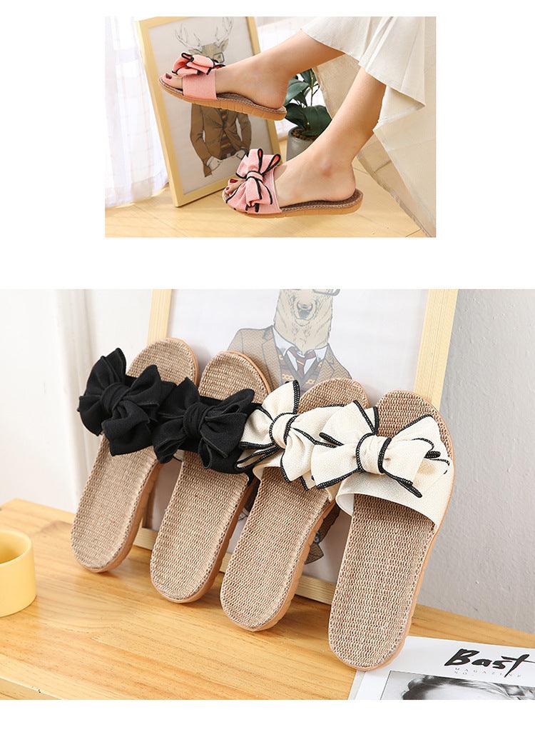 Women’s Linen Striped Bow Platform Slides for Summer Casual