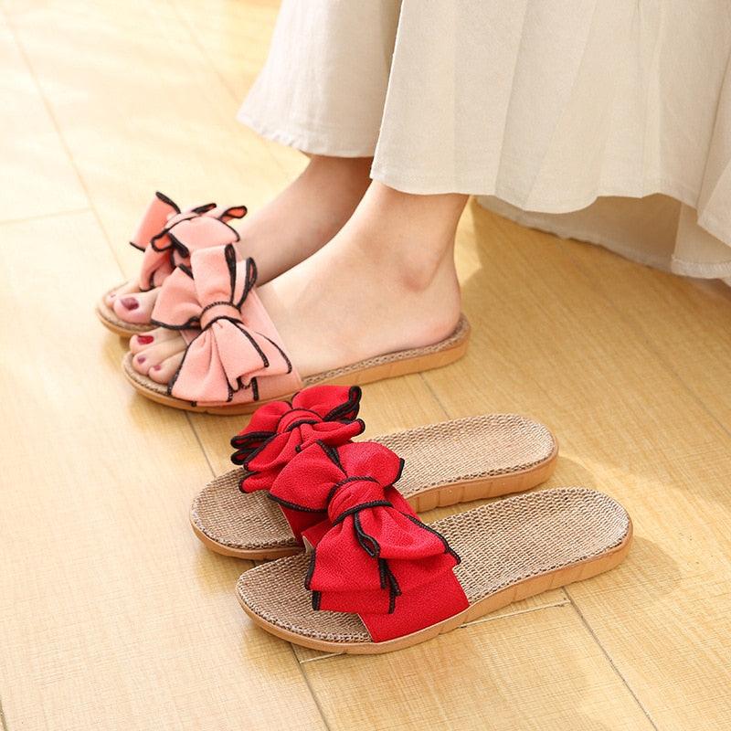 Women’s Linen Striped Bow Platform Slides for Summer Casual
