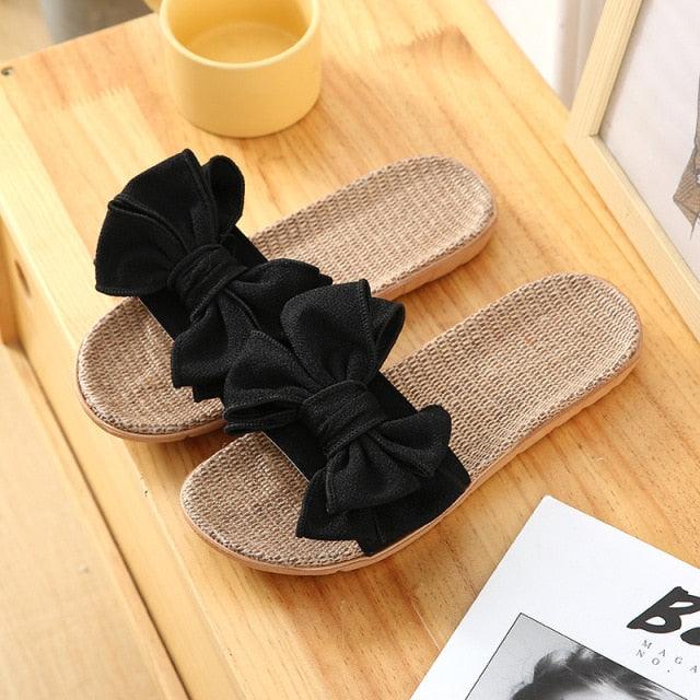 Women’s Linen Striped Bow Platform Slides for Summer Casual