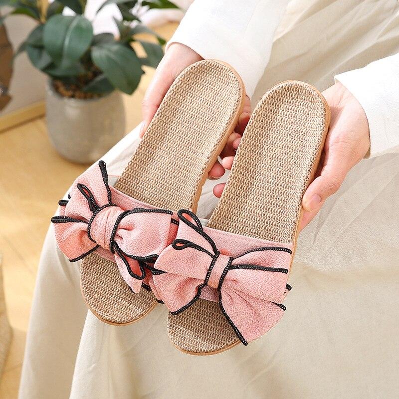Women’s Linen Striped Bow Platform Slides for Summer Casual