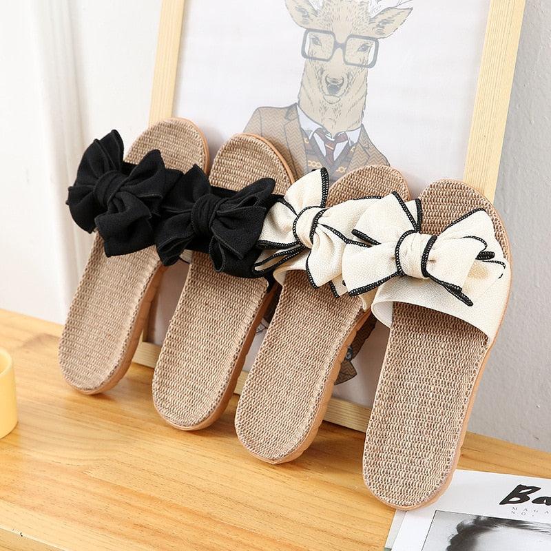 Women’s Linen Striped Bow Platform Slides for Summer Casual