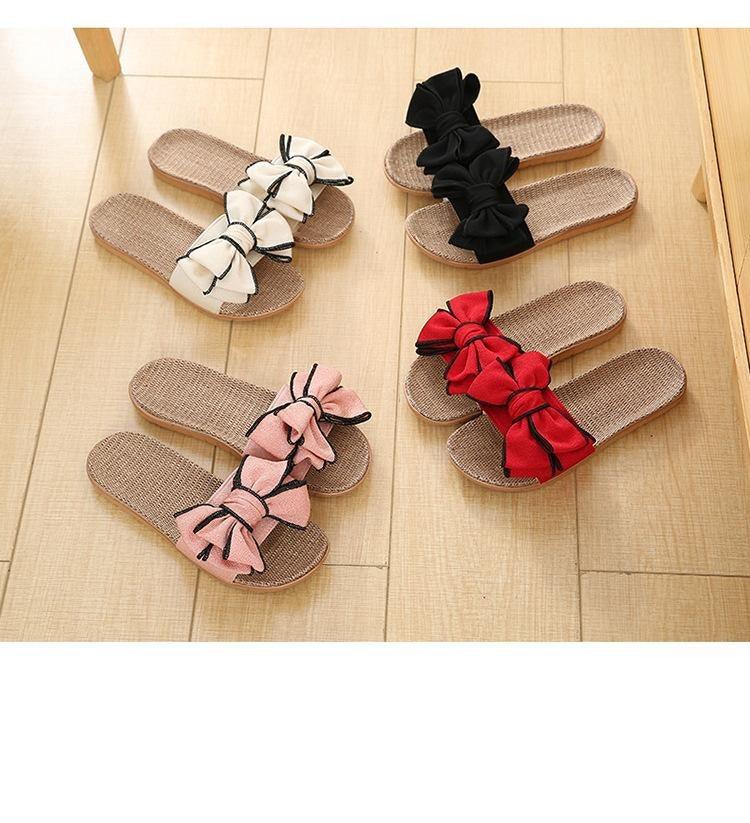 Women’s Linen Striped Bow Platform Slides for Summer Casual