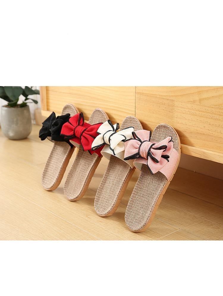 Women’s Linen Striped Bow Platform Slides for Summer Casual