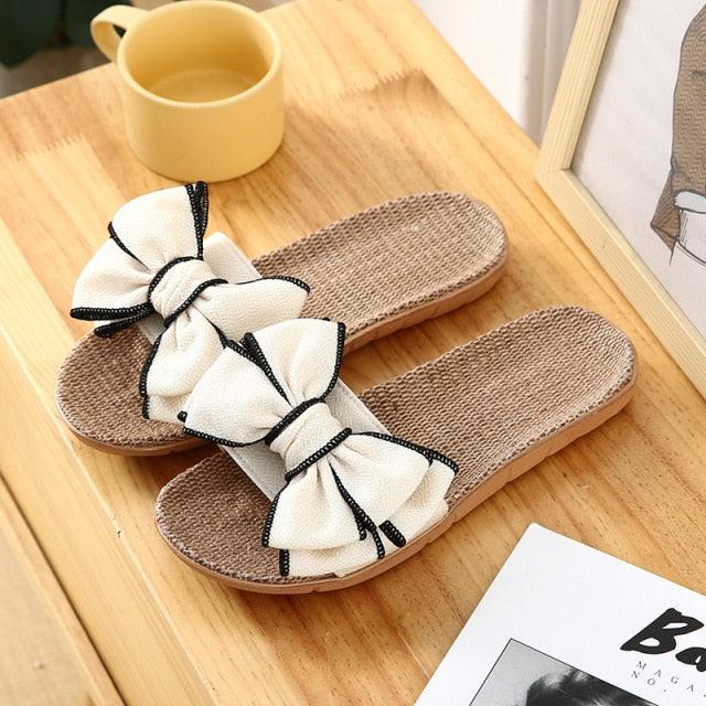 Women’s Linen Striped Bow Platform Slides for Summer Casual