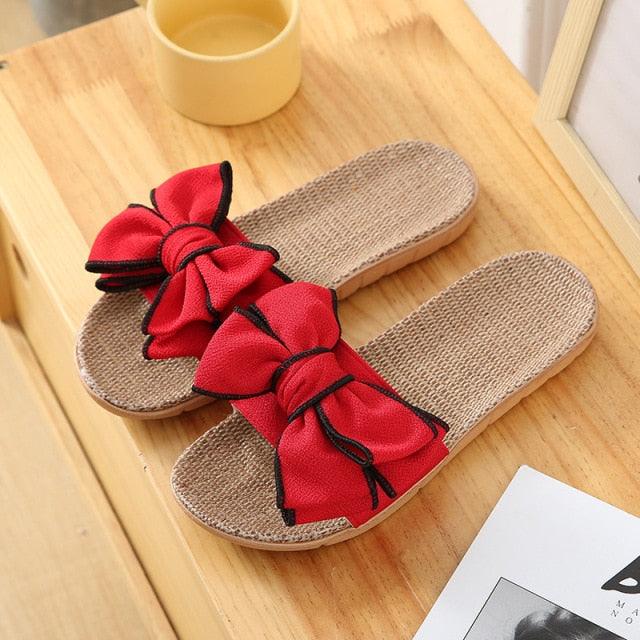 Women’s Linen Striped Bow Platform Slides for Summer Casual