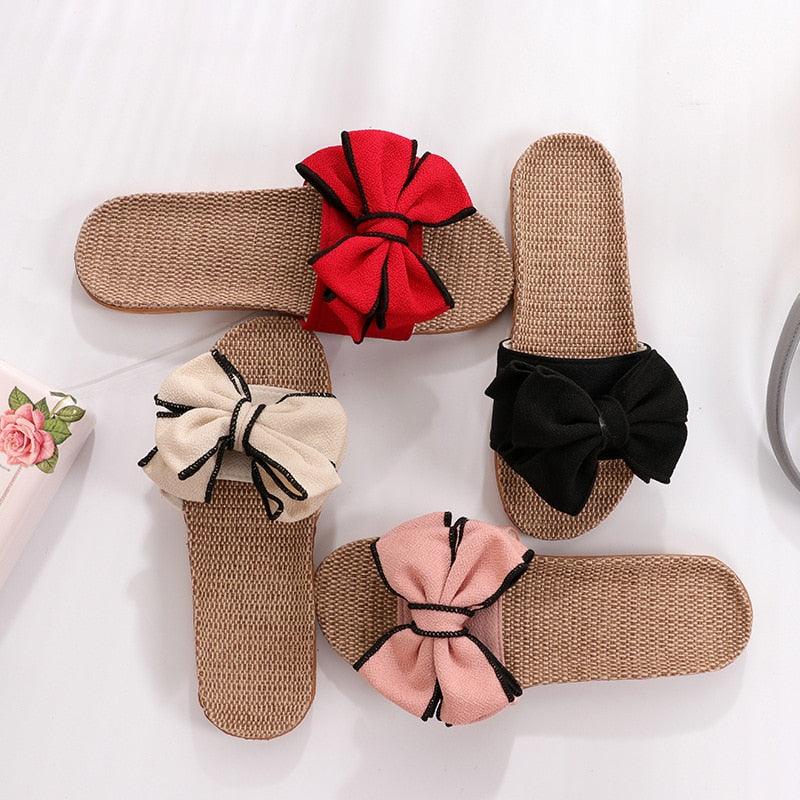 Women’s Striped Linen Bow Slides – Breathable Platform Flip Flops
