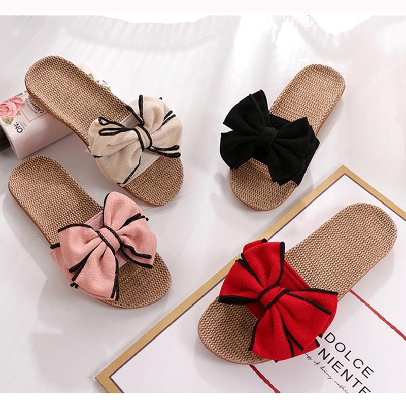 Women’s Striped Linen Bow Slides – Breathable Platform Flip Flops