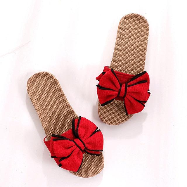 Women’s Striped Linen Bow Slides – Breathable Platform Flip Flops