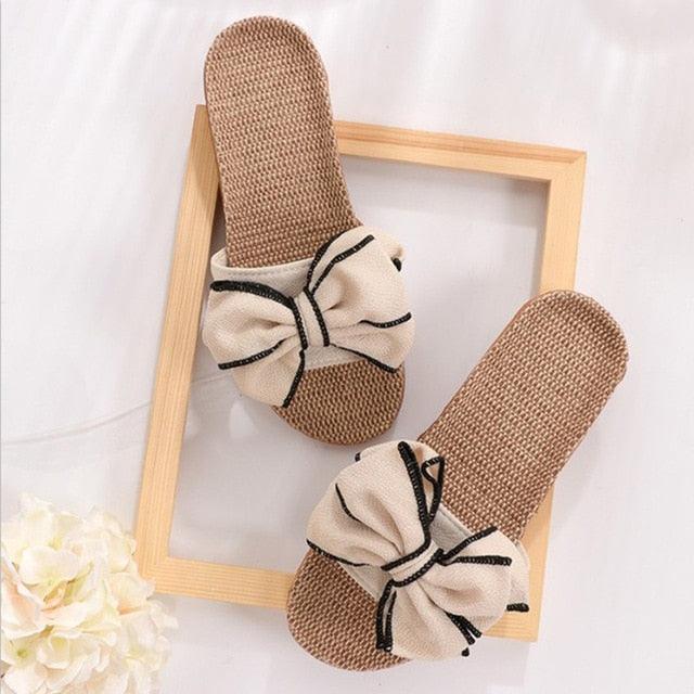 Women’s Striped Linen Bow Slides – Breathable Platform Flip Flops