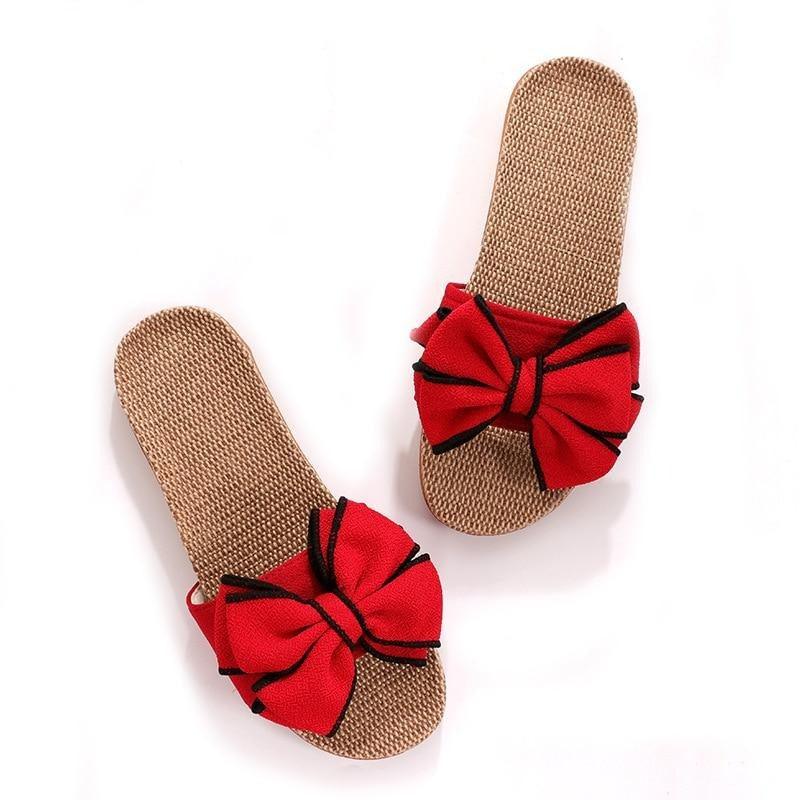 Women's striped linen slides with bow detail and platform EVA sole for summer beach and home use.