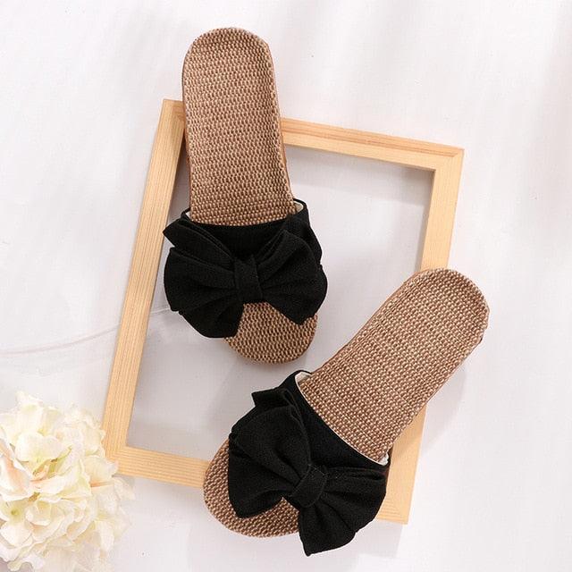 Women’s Striped Linen Bow Slides – Breathable Platform Flip Flops