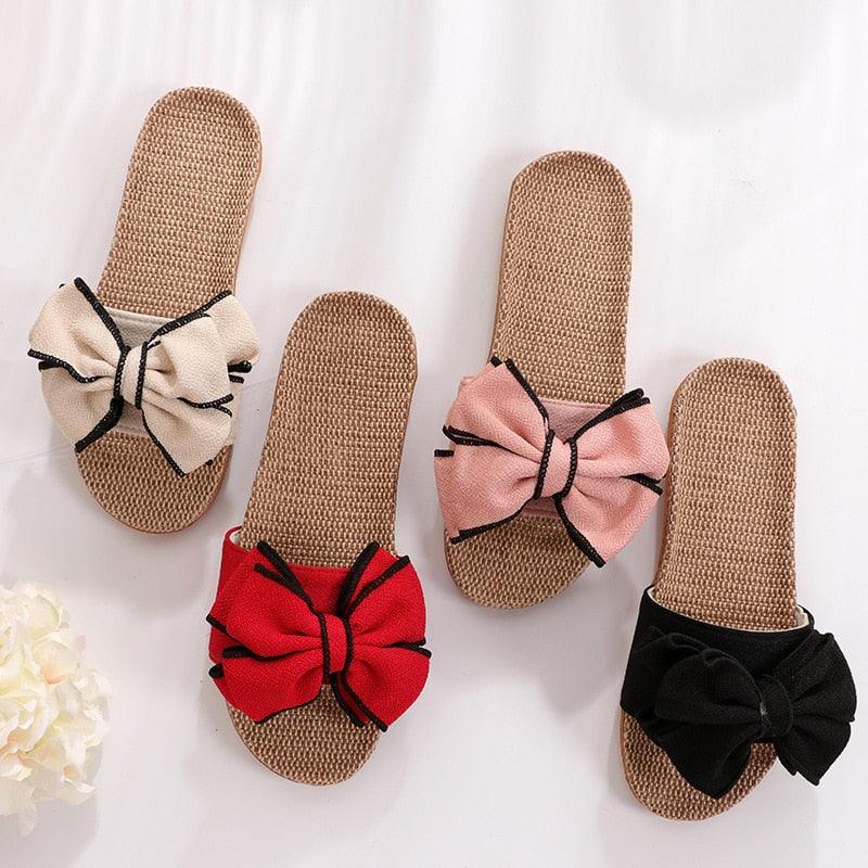 Women’s Striped Linen Bow Slides – Breathable Platform Flip Flops