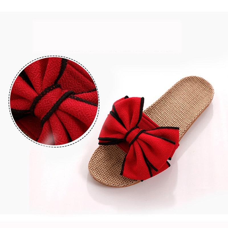 Women’s Striped Linen Bow Slides – Breathable Platform Flip Flops