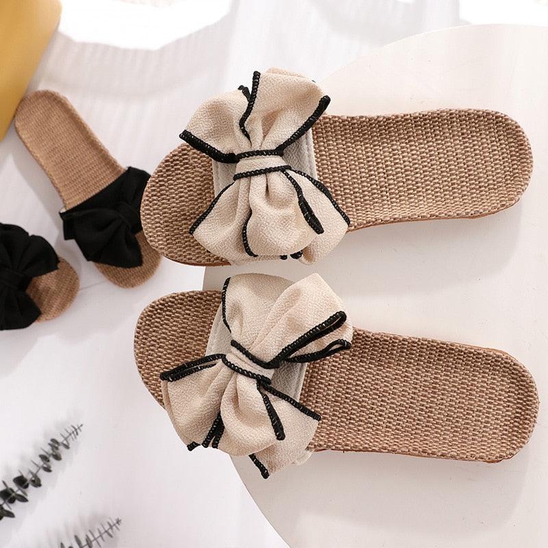 Women’s Striped Linen Bow Slides – Breathable Platform Flip Flops