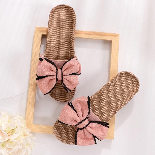 Women’s Striped Linen Bow Slides – Breathable Platform Flip Flops